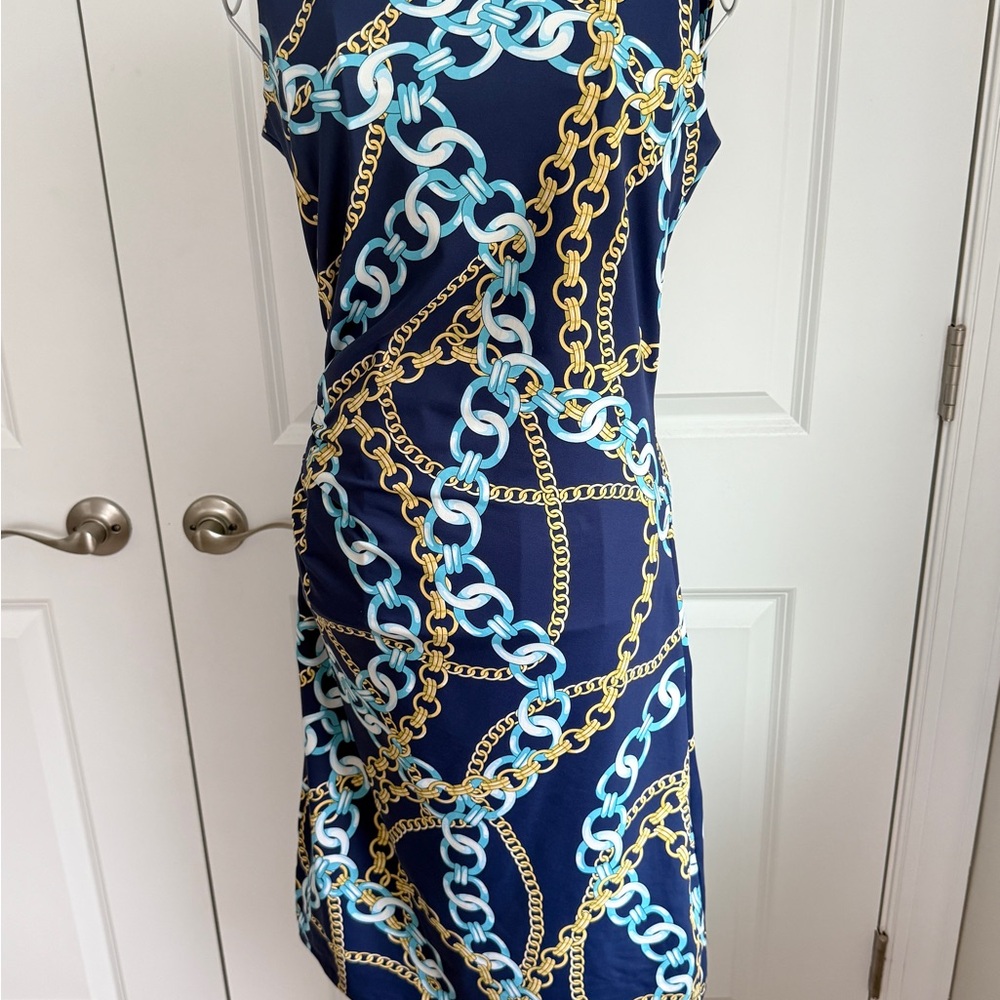 NWT J. Mclaughlin Sleeveless Sage Chain Print Midi Dress Navy Blue Women Sz S